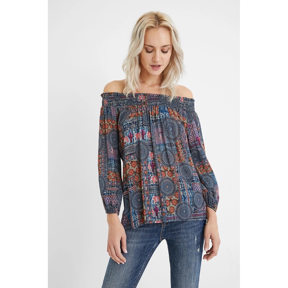 Desigual Off Shoulder Boho Patchwork Elephant Tribal Print Blouse Top Women S